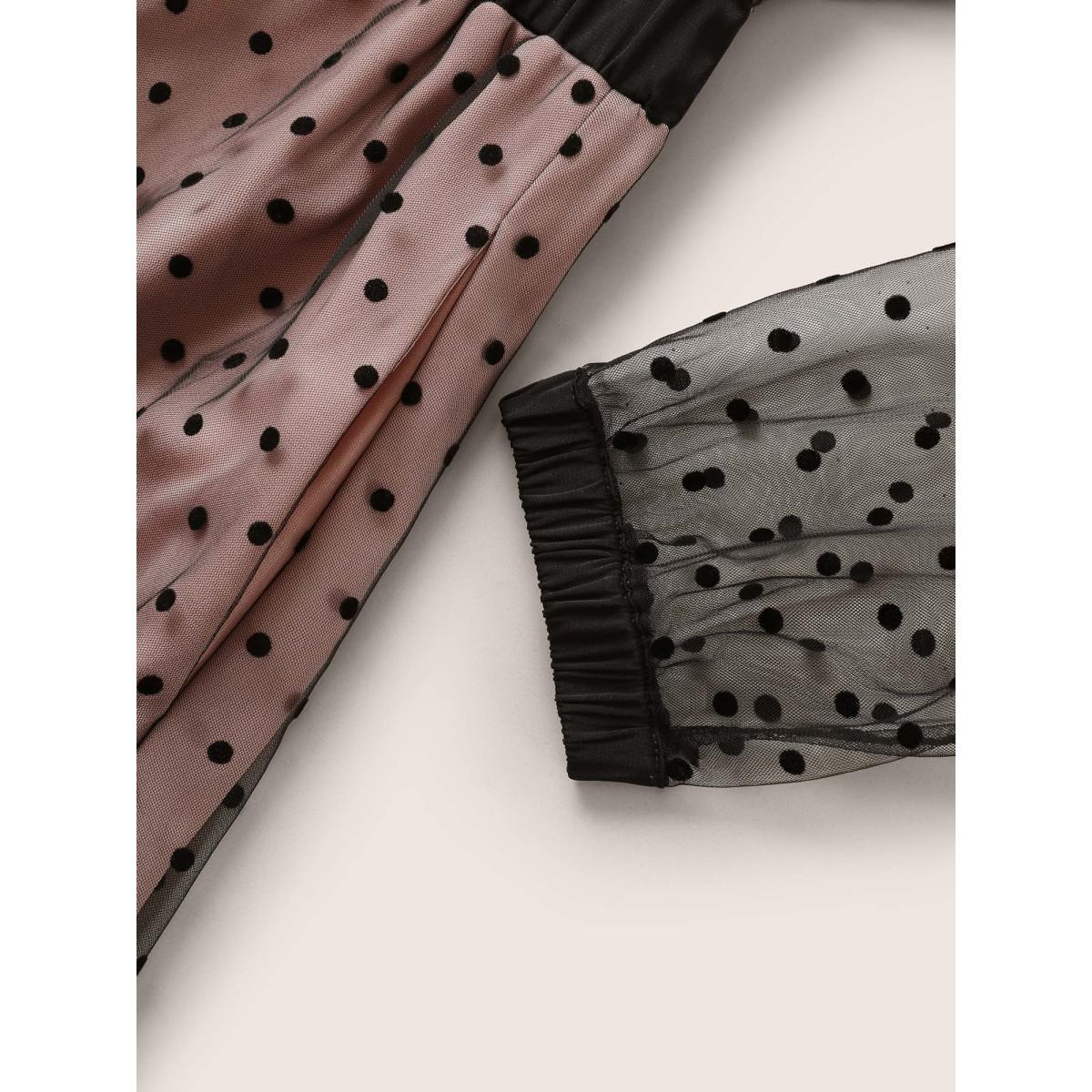 Plus Size Flocking Polka Dot Tiered Mesh Dress DustyPink Women At the Office Non V-neck Long Sleeve Curvy Midi Dress BloomChic 12/L Product Image