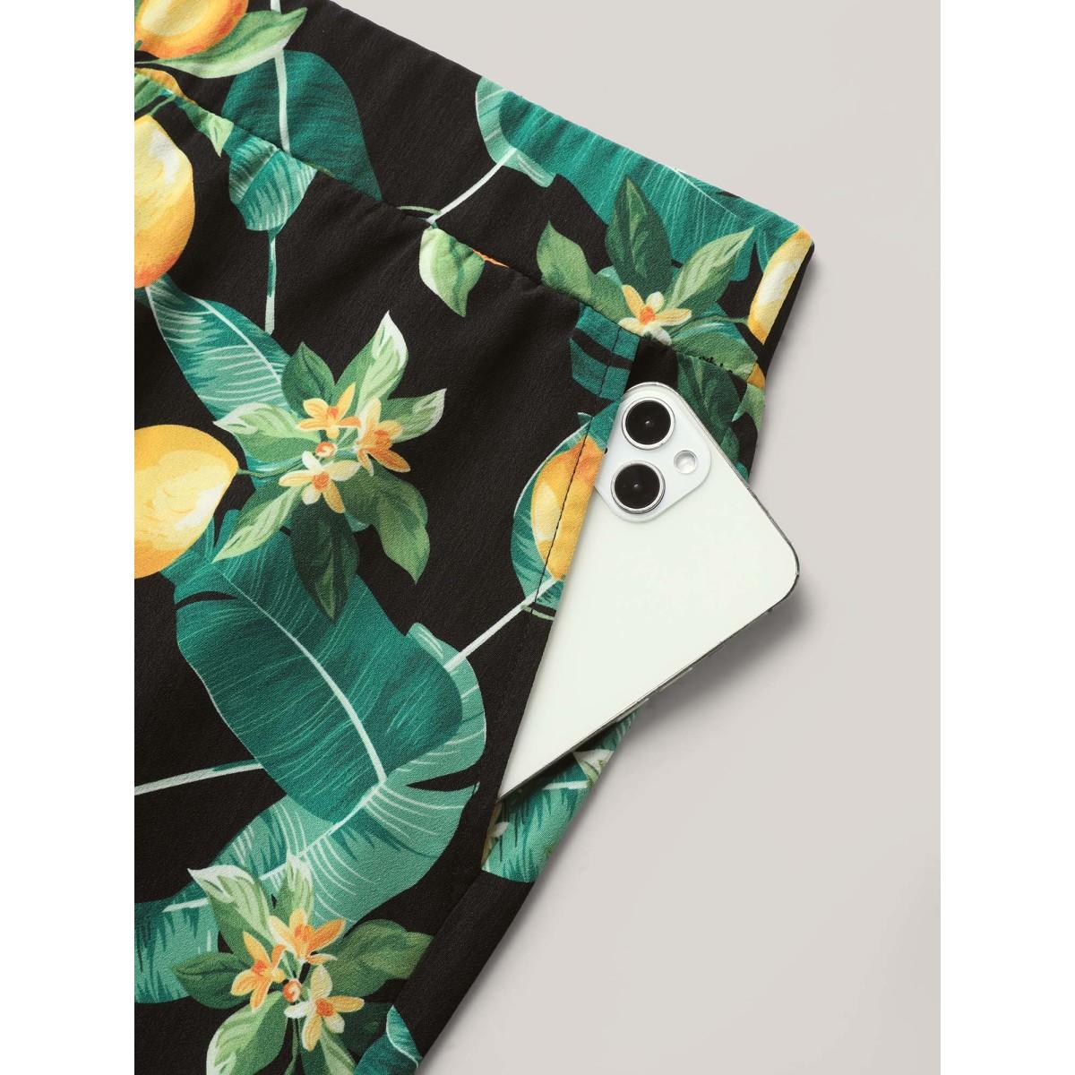 Plus Size Citrus Print Wide-Leg Pants Women BlackFlower Leisure Wide Leg Mid Rise Casual Pants BloomChic 30/6X Product Image