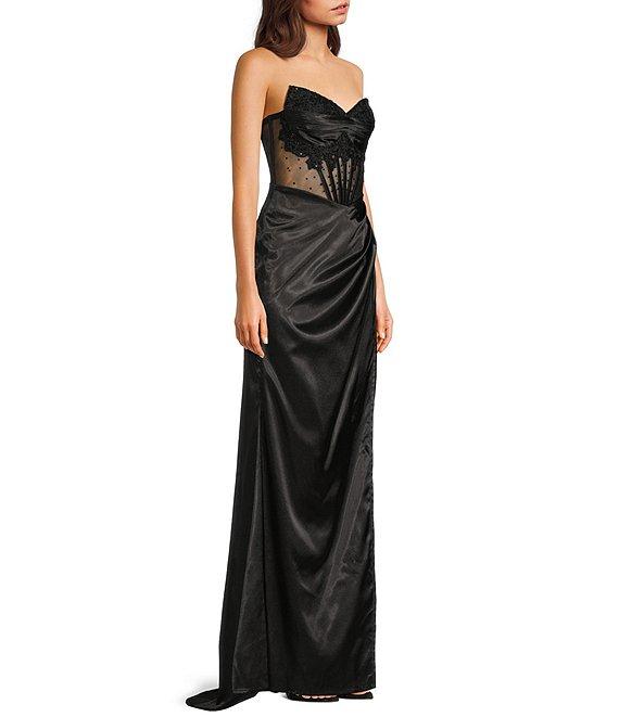 Blondie Nites Satin Illusion Applique Strapless Corset Pleated Tie Back Gown Product Image