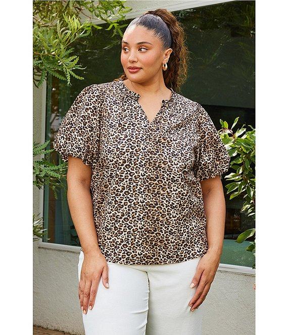 Skies Are Blue Plus Size Leopard Print Poplin Puff Sleeve Top Product Image