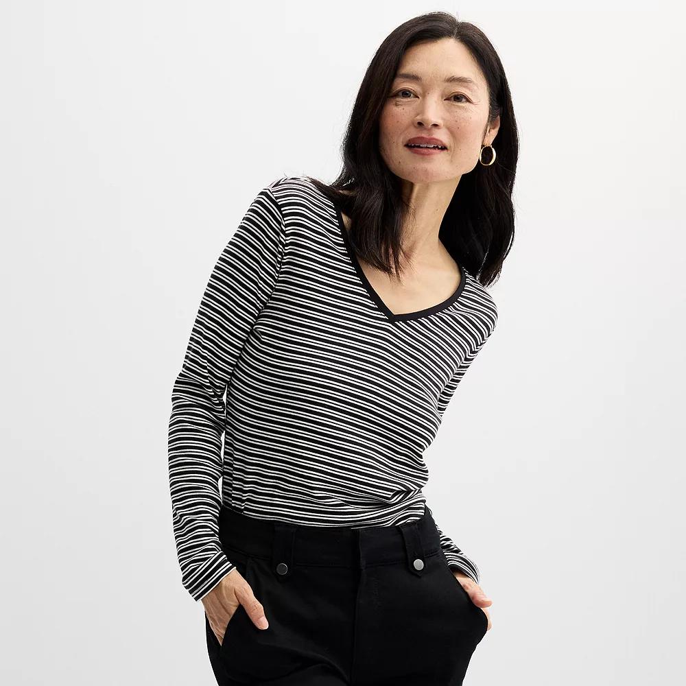 Women's Croft & Barrow® Essential Long Sleeve V-Neck Tee, Size: XS, Black Neat Stripe Product Image
