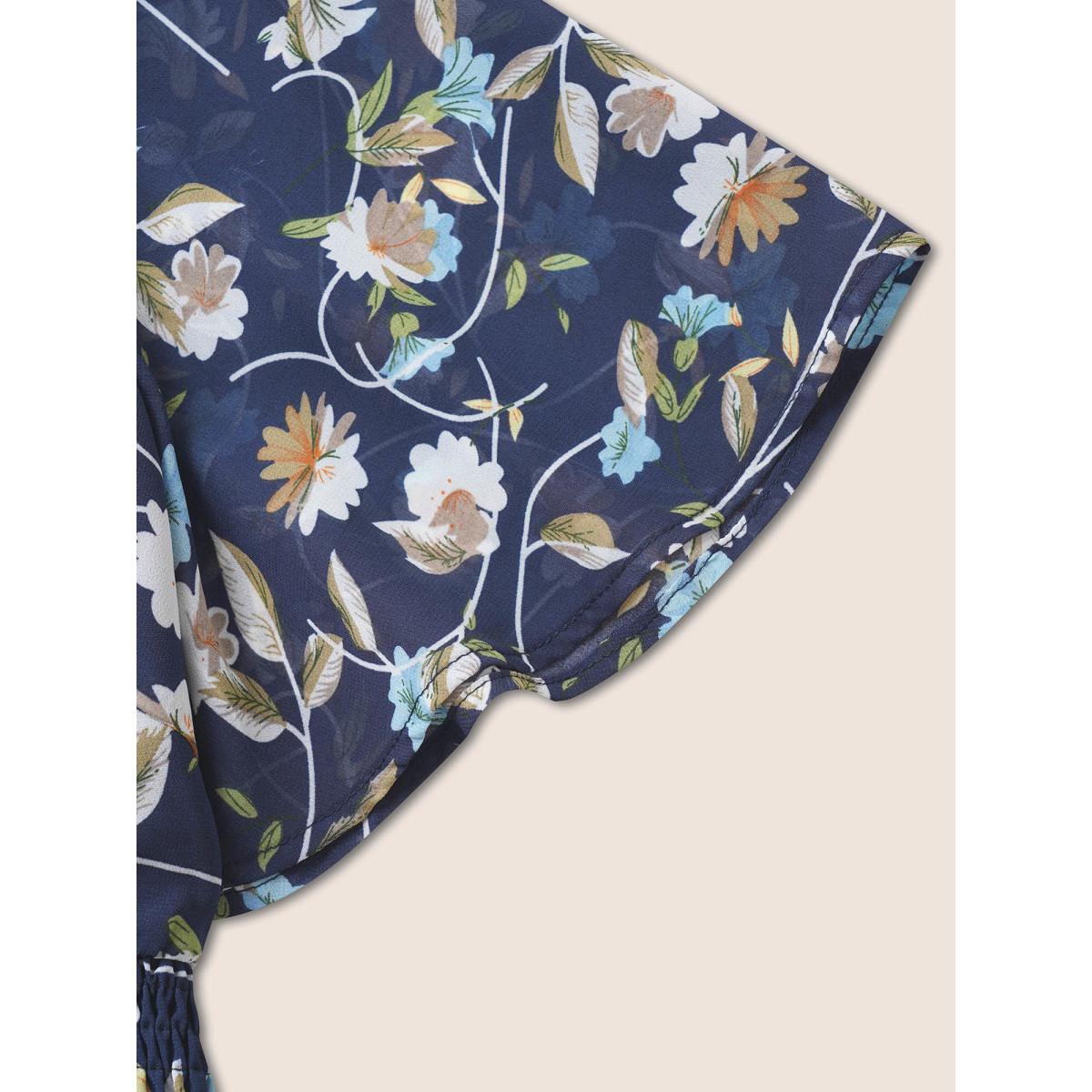 Plus Size Midnight Round Neck Floral Ruffles Shirred Blouse Women Elegant Short sleeve Round Neck Everyday Blouses BloomChic 30/6X Product Image