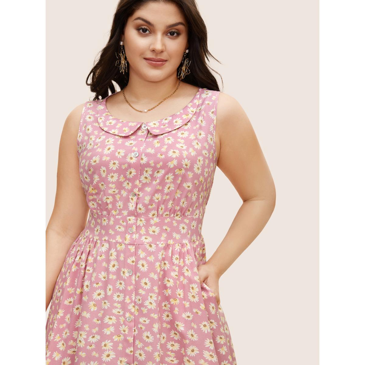 Plus Size Collared Daisy Midi Dress Blush Women Elegant Gathered Lapel Collar Sleeveless Curvy BloomChic 28/5X Product Image