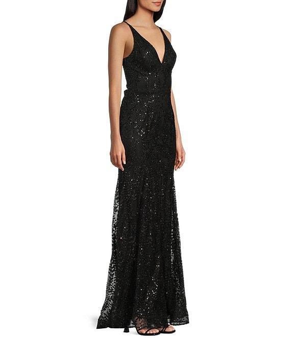 Blondie Nites Glitter/Sequin Mesh Leaf Print V-Neck Tie Back Long Gown Product Image
