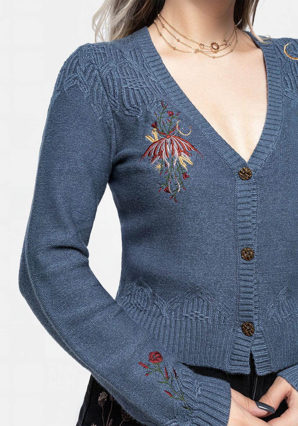 Selenia Moth Embroidered Cable Twist Knit Cardigan Product Image