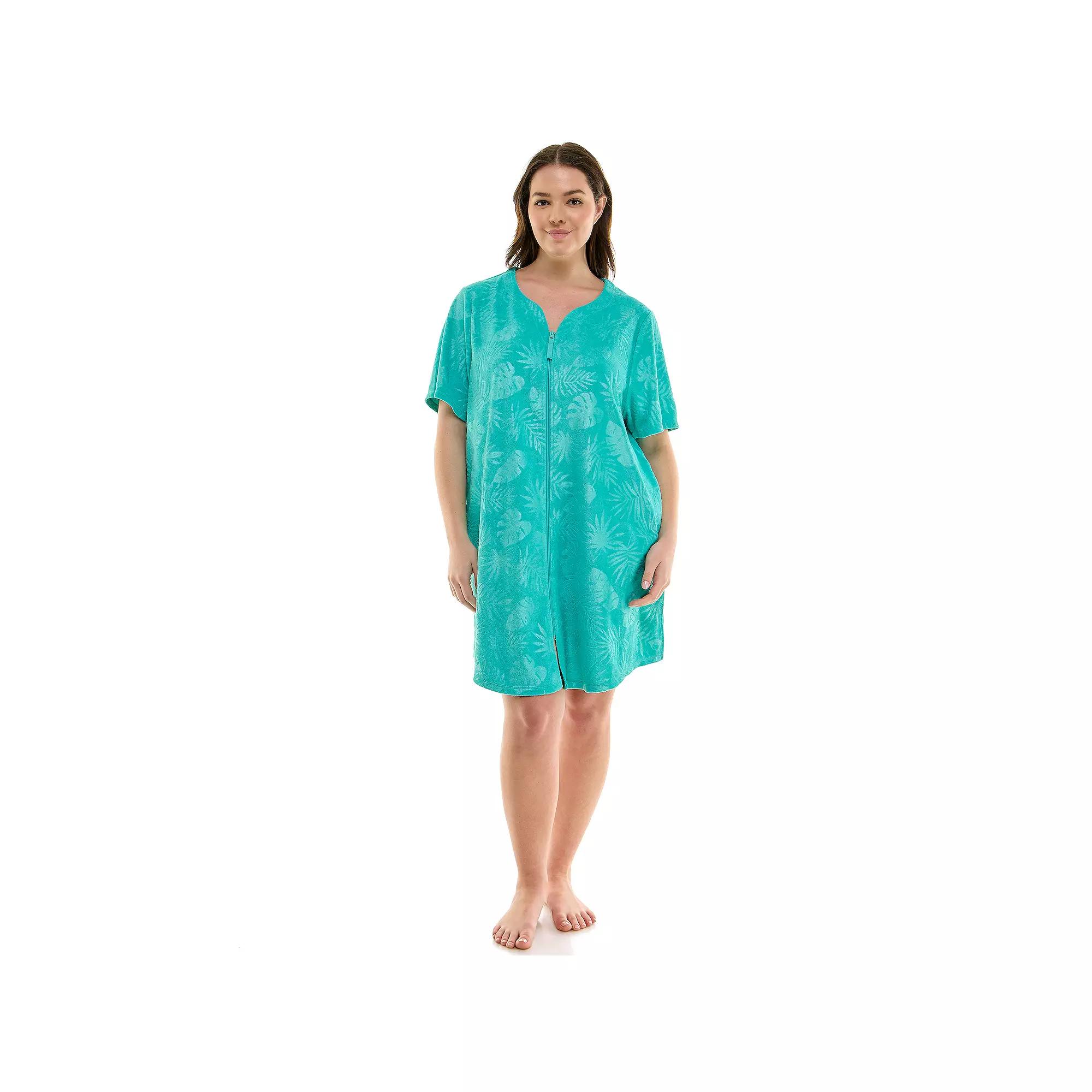 Plus Size Croft & Barrow® Embossed Honey Knit Terry Zip Robe, Women's, Size: 2XL, Filli Palm Leaves Turquoise Product Image