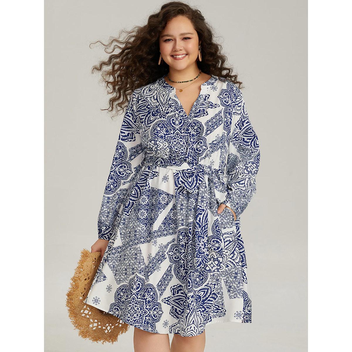 Plus Size Bandana Print Notched Belted Dress Blue Women Vacation Elastic cuffs Notched collar Long Sleeve Curvy Midi Dress BloomChic 22-24/3X Product Image