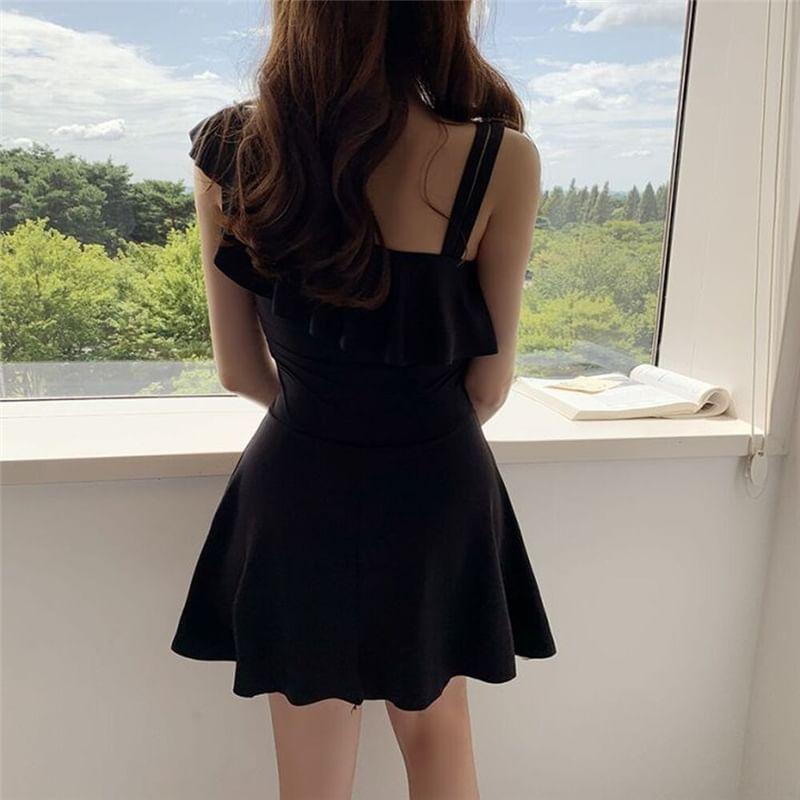 Asymmetrical Neck Plain Ruffle Swimdress Product Image