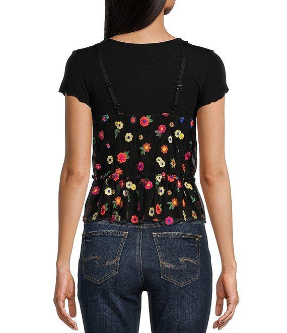 Honey & Sparkle Short Sleeve Black T-Shirt Floral Tulle Babydoll Cami Top Product Image