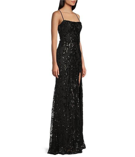 Midnight Doll Sequin Patterned Spaghetti Strap Square Neck Lace Up Back Side Slit Dress Product Image