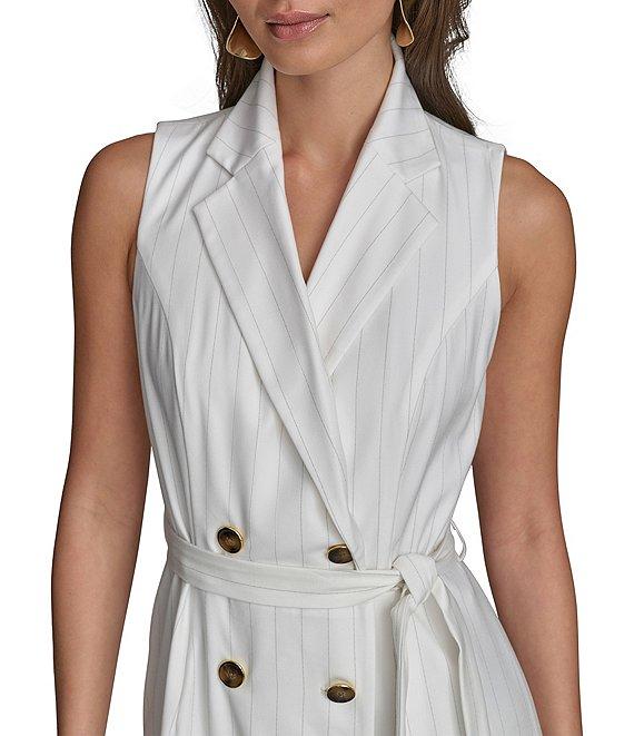 Donna Karan Pinstripe Collared V-Neck Sleeveless Tie Sash Midi Sheath Dress Product Image