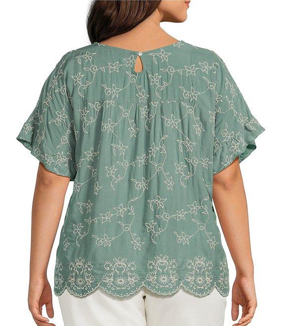 Leo & Nicole Plus Size Allover Embroidered Crew Neck Short Ruffle Scalloped Hem Top Product Image