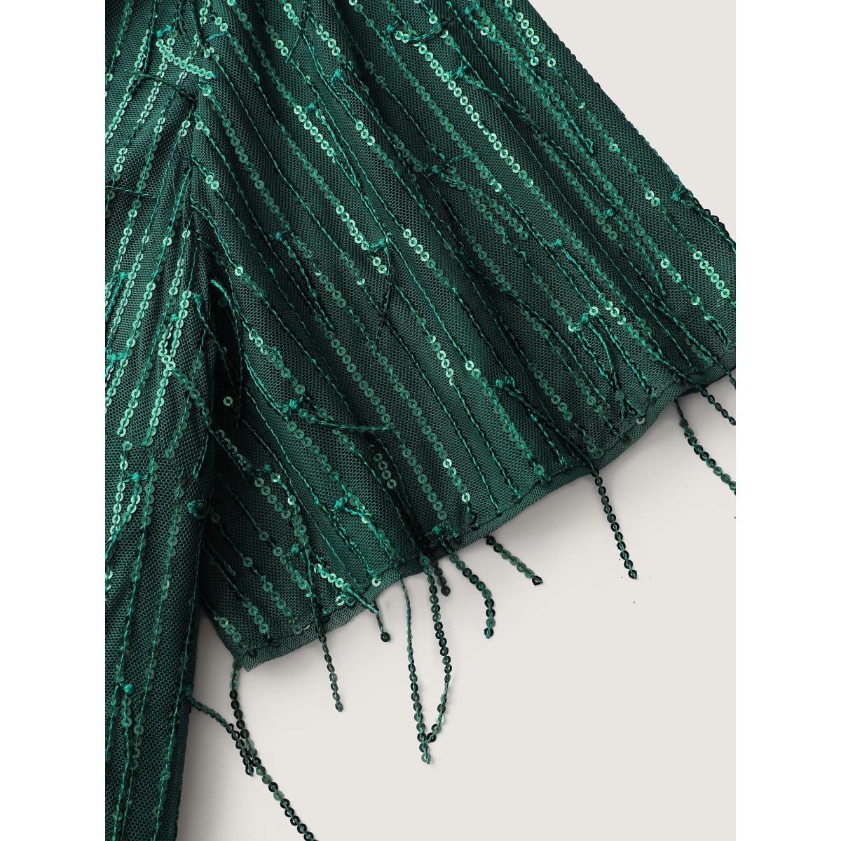 Plus Size Fringe Sequin Flutter Sleeve Mini Dress DarkGreen Women Party&Cocktail V-neck Short sleeve Curvy BloomChic 26/4X Product Image