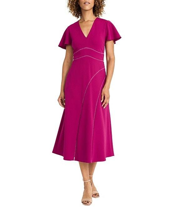 Maggy London V-Neck Flutter Sleeve Asymmetrical Lattice Scuba Crepe Midi Dress Product Image