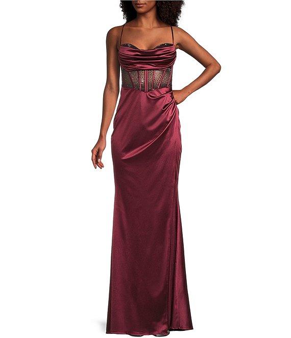 B. Darlin Spaghetti Strap Drape Neck Stones & Lace Up Back Dress Product Image