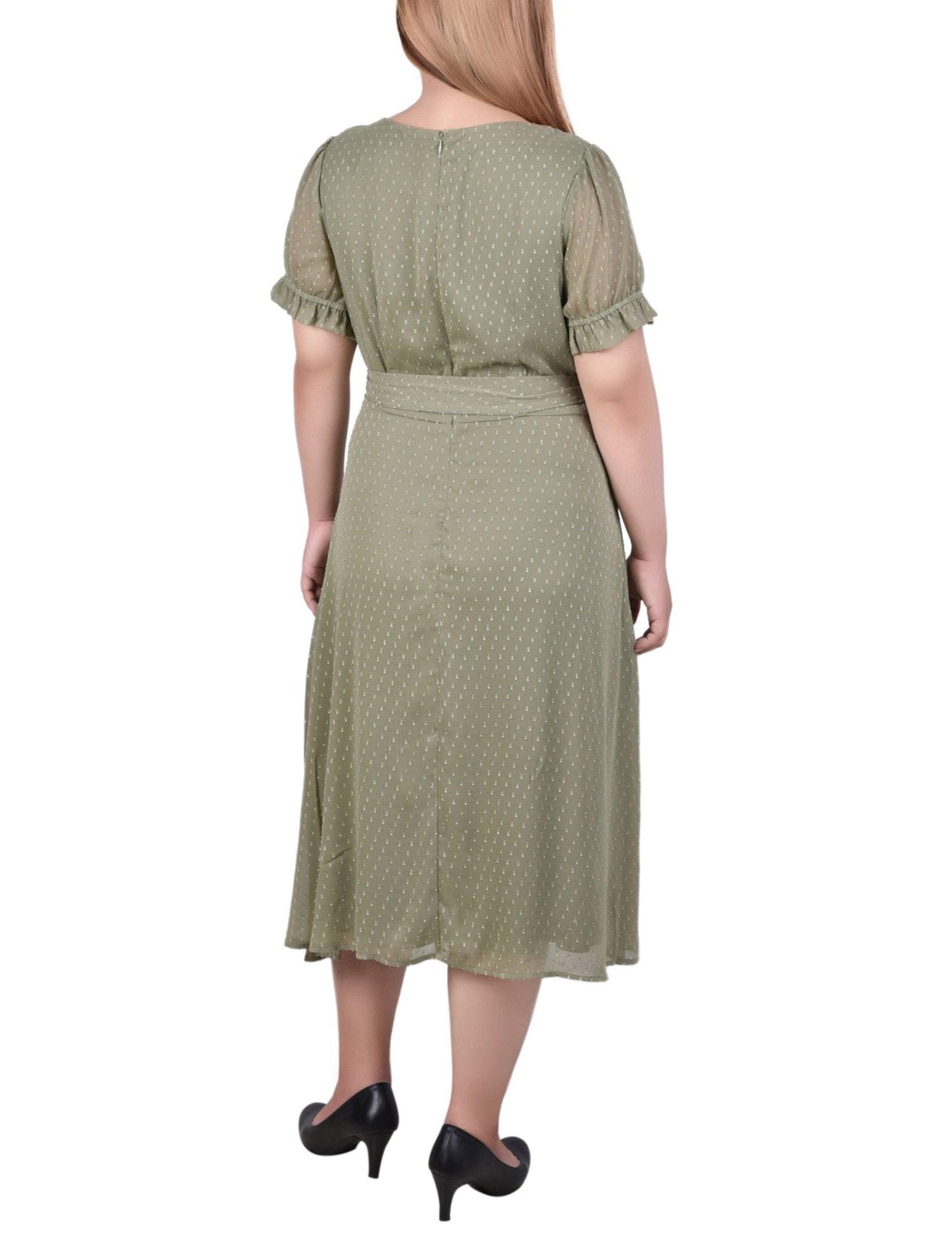 Spiced Coral Rectangle Short Sleeve Belted Swiss Dot Dress - Plus Product Image