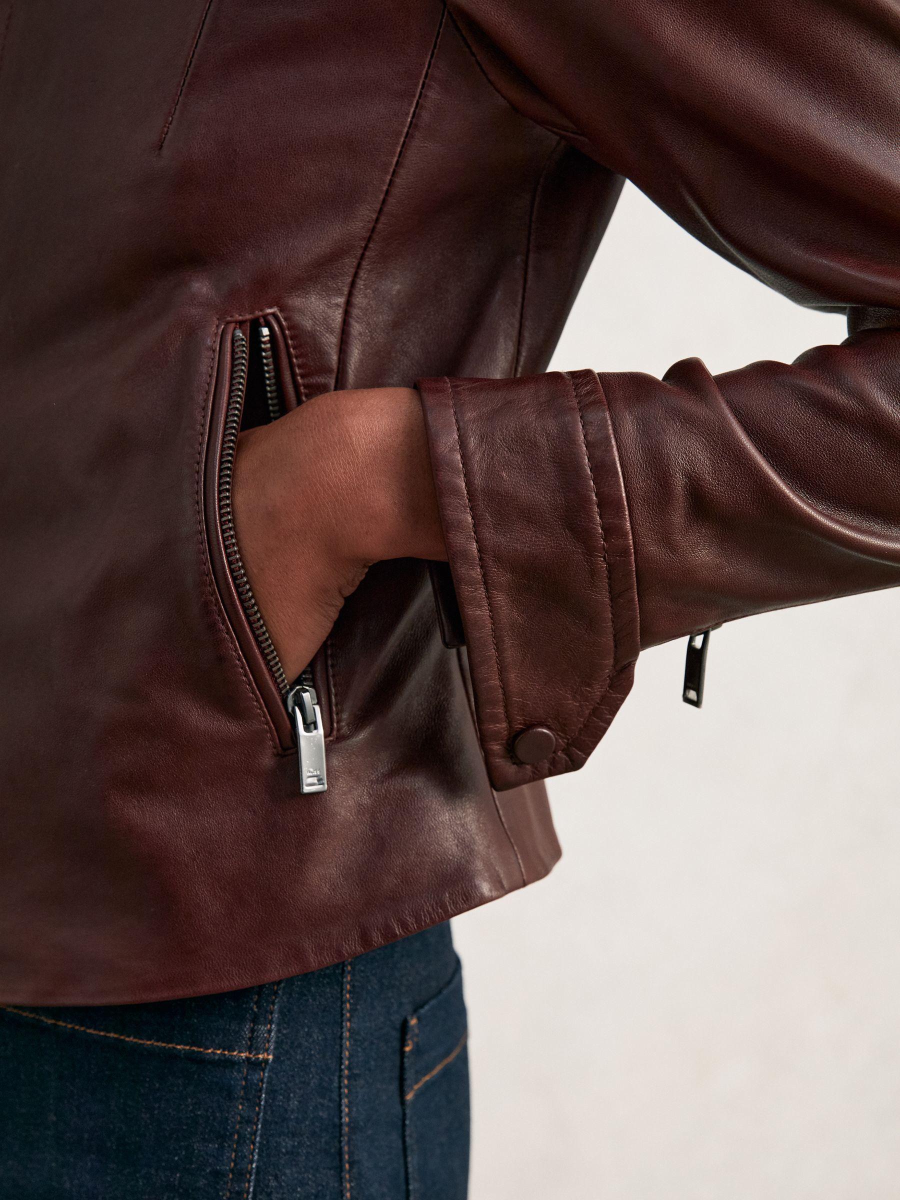Fitted Leather Biker Jacket in Burgundy Product Image