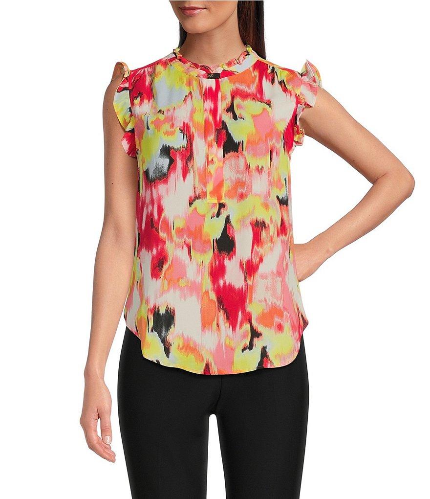 DKNY By Donna Karan Printed Georgette Ruffled Banded Collar Sleeveless Top Product Image