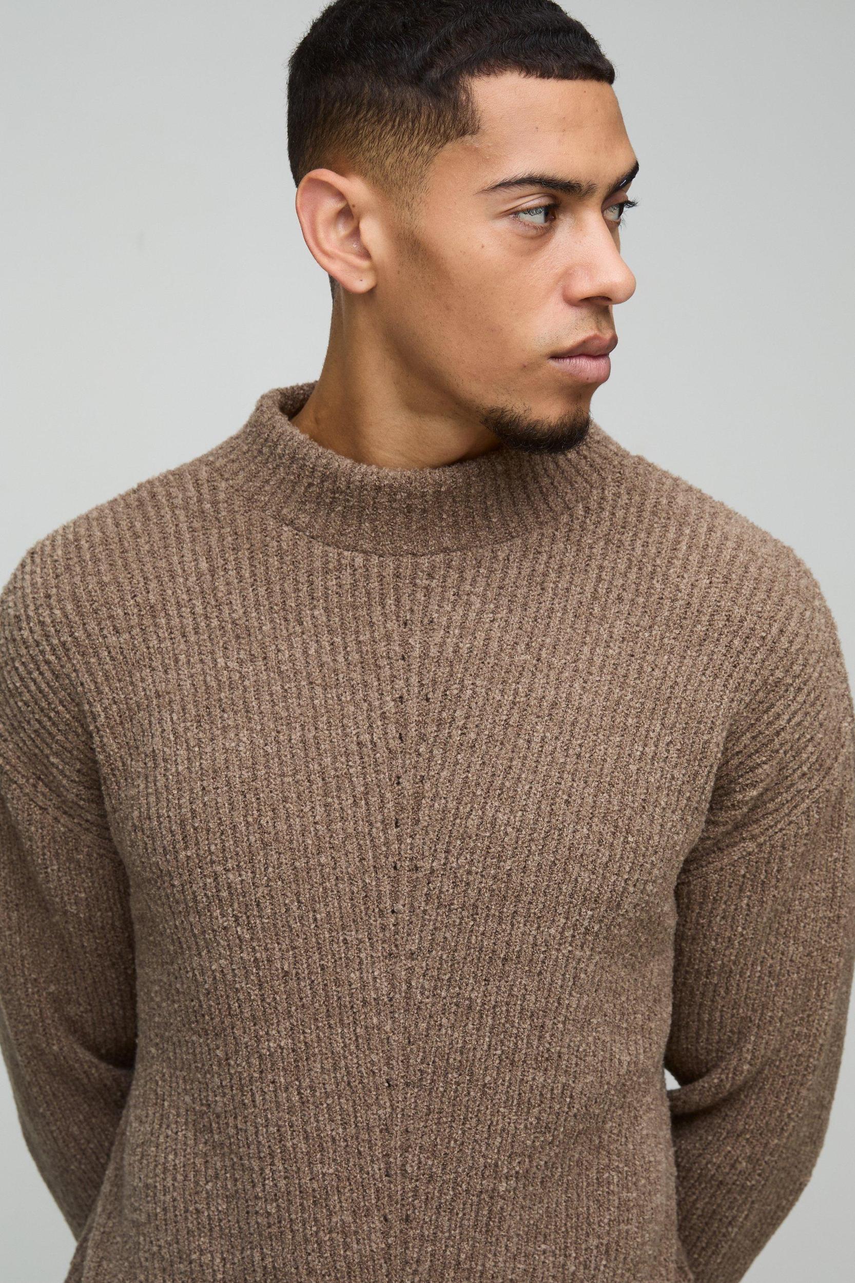 Relaxed Fit Boucle Funnel Neck Knitted Sweater | boohooMAN USA Product Image