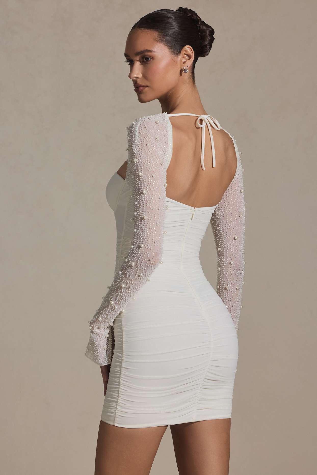 Embellished Long-Sleeve Mini Dress in White Product Image