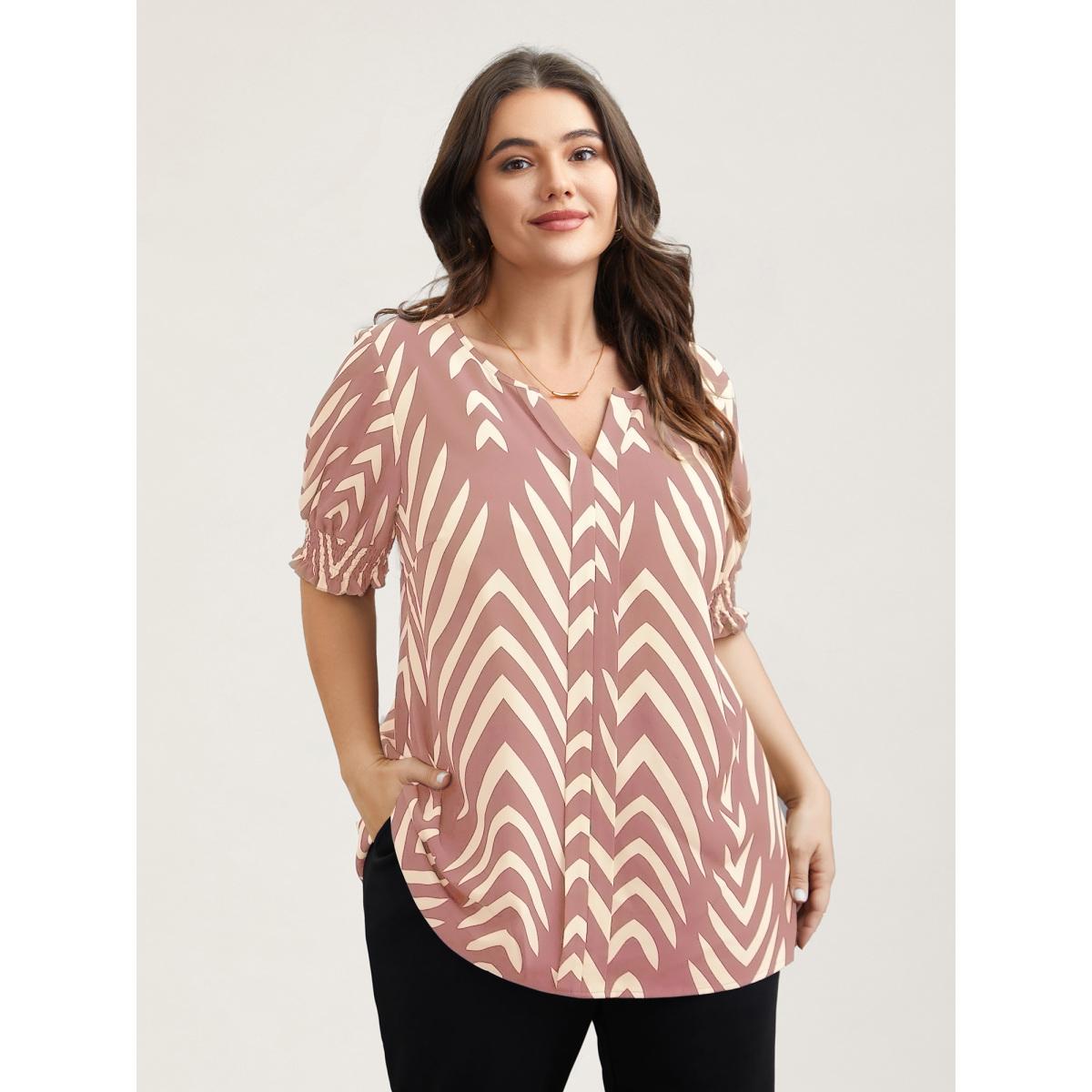 Plus Size DustyPink Geometric Print Ruffled Shirred Shirt Women Office Half Sleeve Flat collar with V-notch Office Blouses BloomChic 22-24/3X Product Image