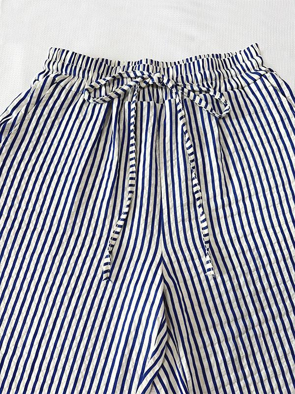 Loose Drawstring Elasticity Pockets Split-Joint Striped Pants Trousers Product Image