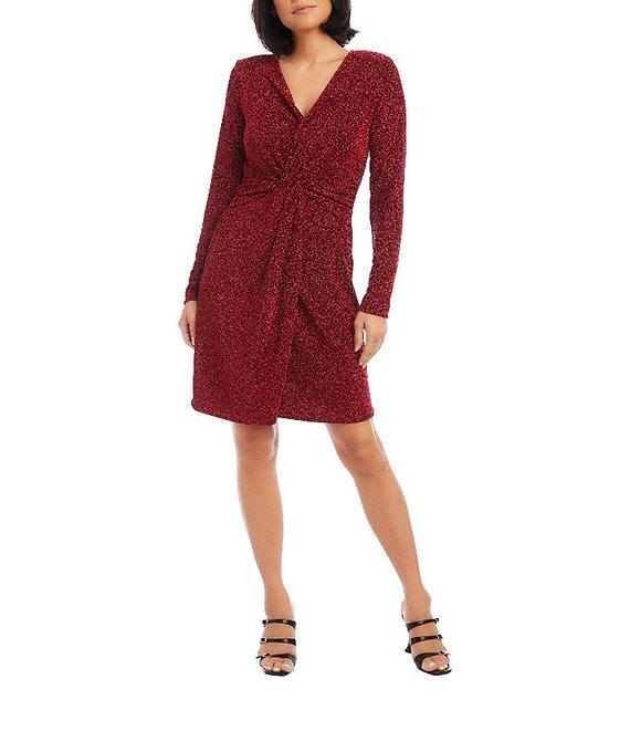Karen Kane Soft Metallic Knit Surplice V-Neck Long Sleeve Front Twist Stretch Sheath Dress Product Image