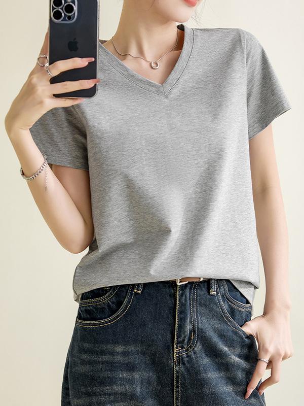 Loose Short Sleeves Solid Color V-Neck T-Shirts Tops Product Image