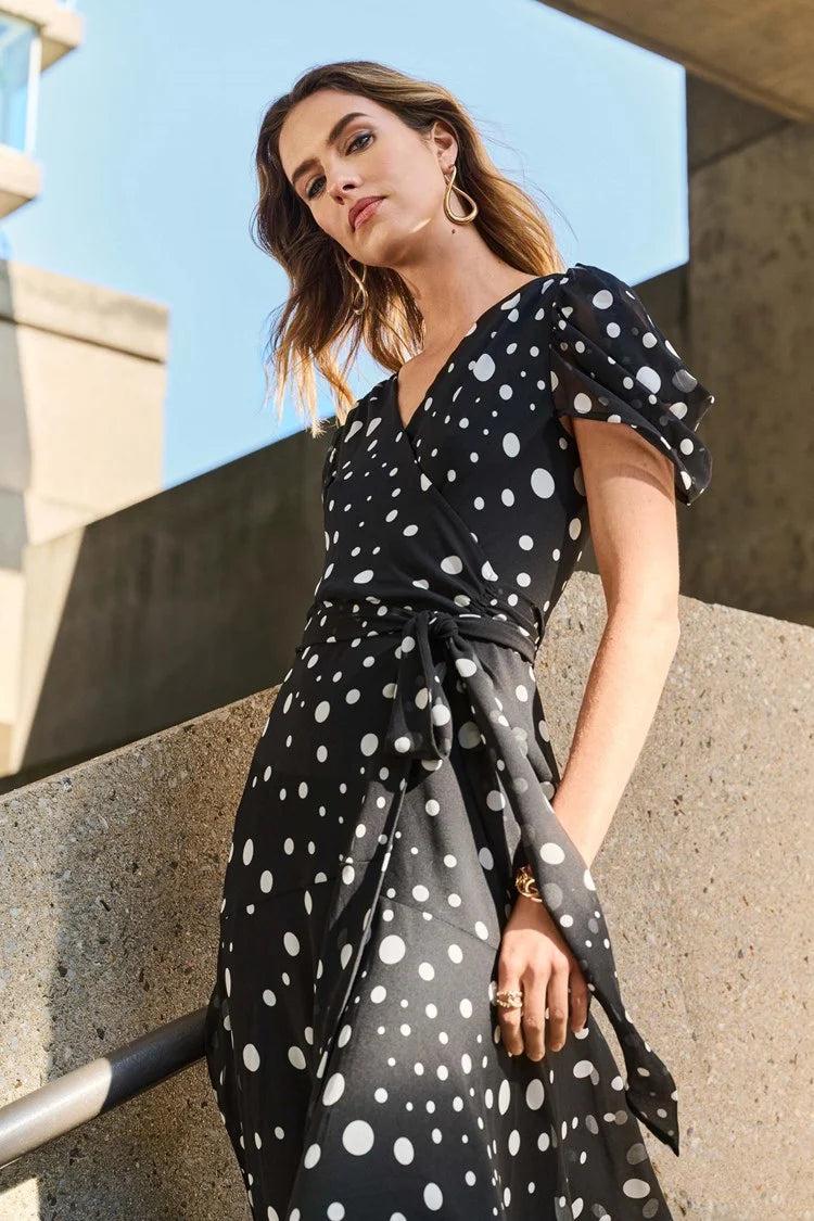 Chiffon Dot Print Wrap Dress Product Image