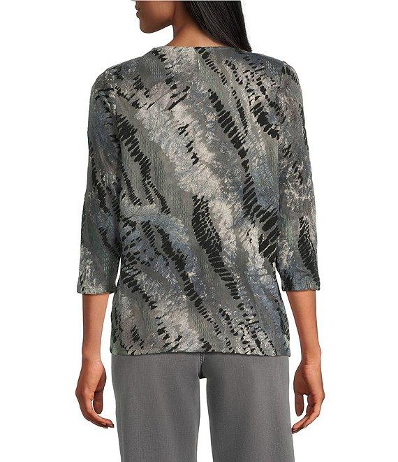 Leo & Nicole Jacquard Printed Crew Neck 3/4 Sleeve Side Cinched Tie Top Product Image