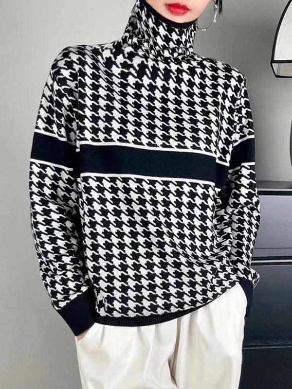 Long Sleeves Loose Contrast Color Houndstooth Split-Joint High Neck Pullovers Sweater Tops Product Image
