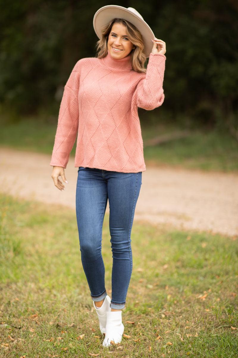 Coral Diamond Texture Turtleneck Sweater Product Image