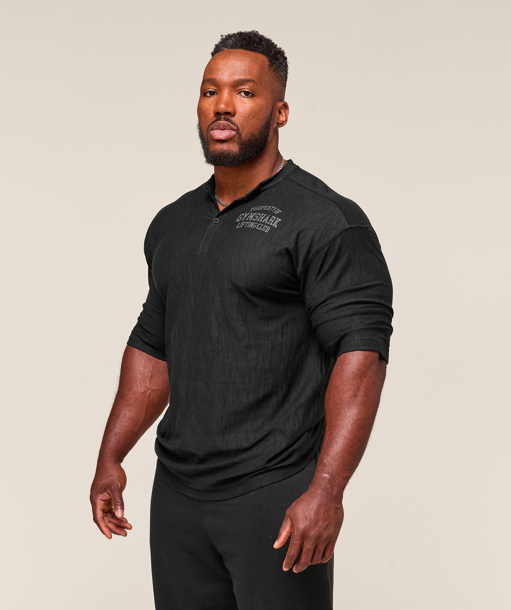 Gymshark Lightweight Slub Textured 3/4 Henley - Black Male Product Image