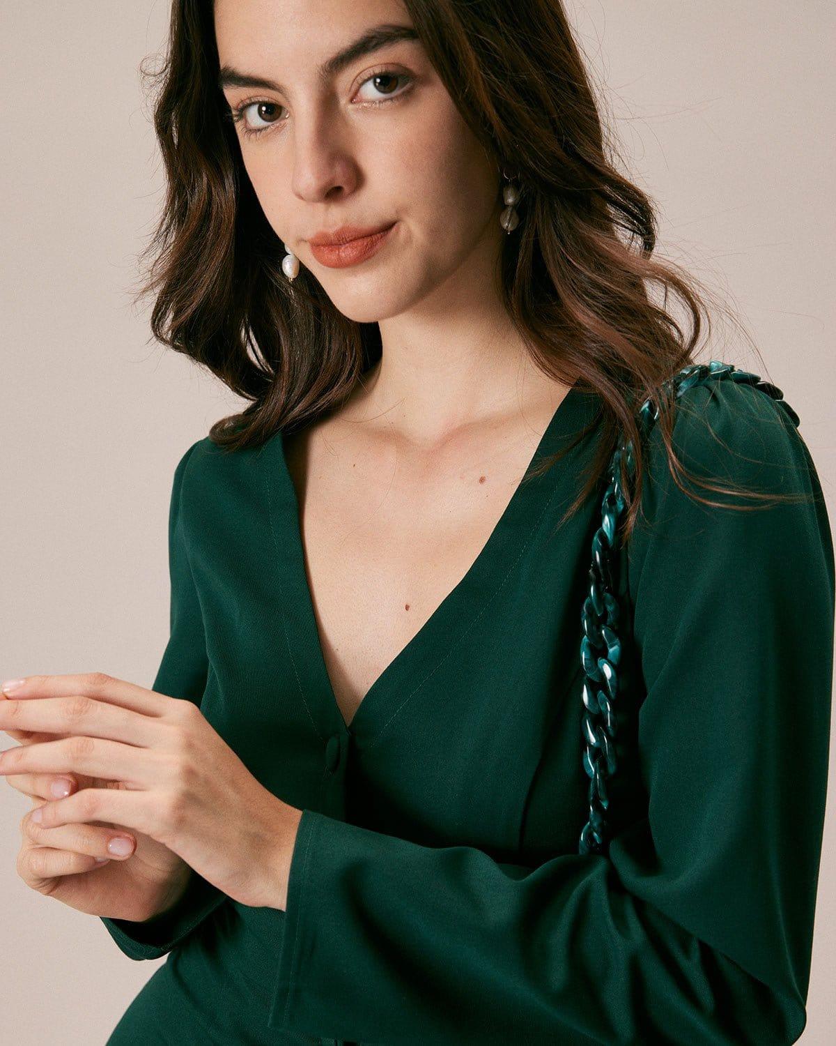 The Green V Neck Button Shirt Mini Dress Product Image