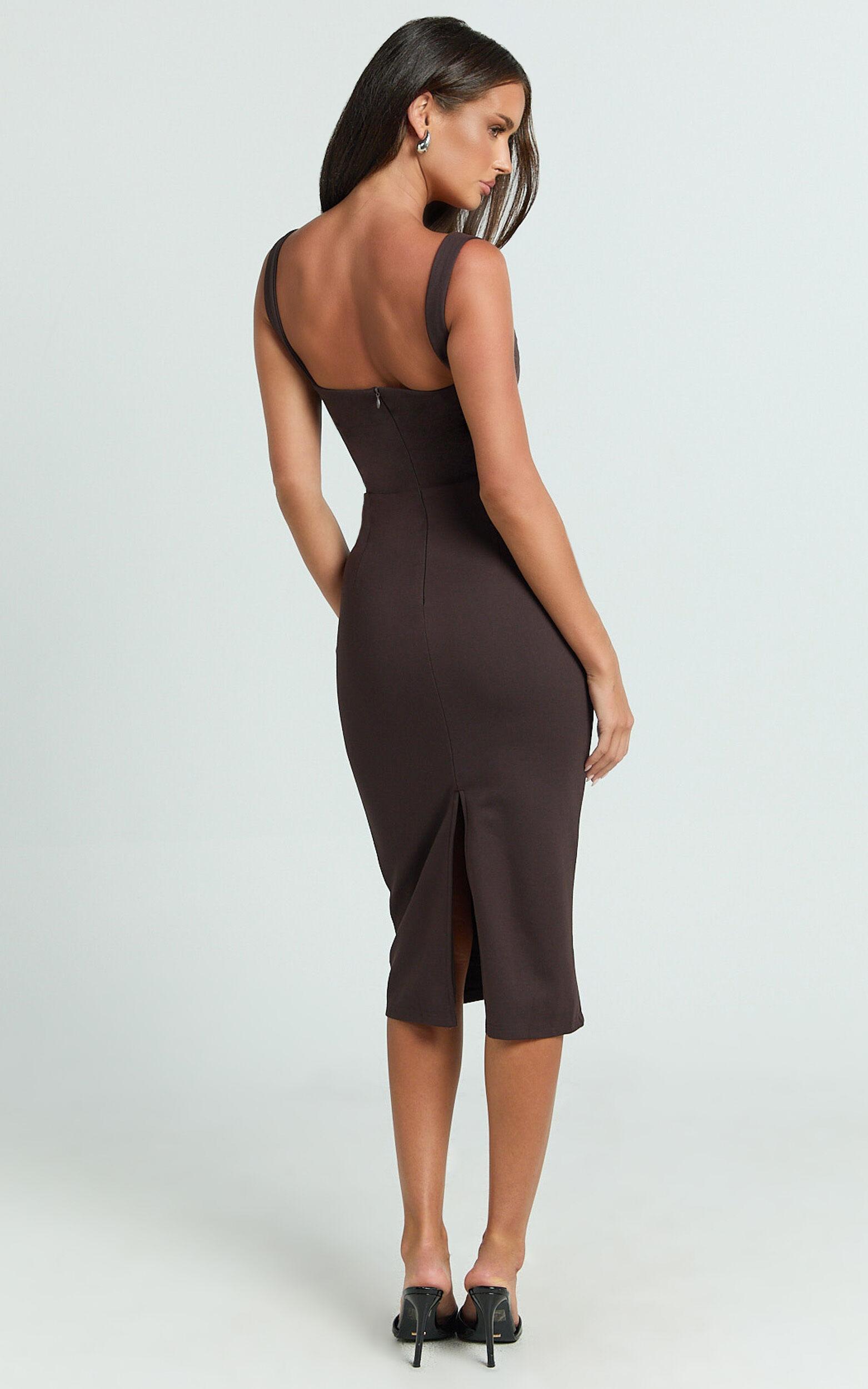 Tiffy Midi Dress - Square Neck Ruched Bodycon Dress in Chocolate Product Image
