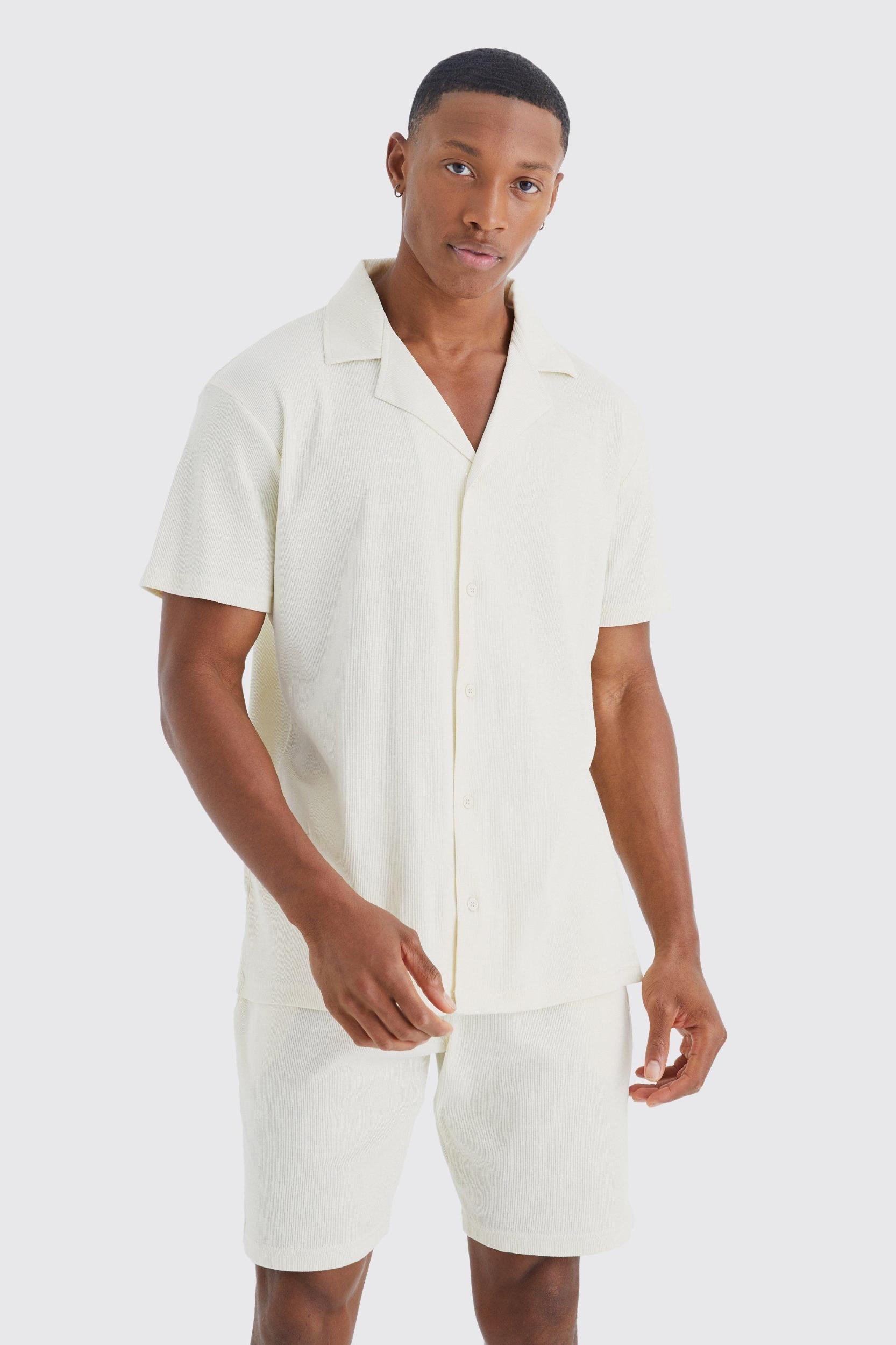 Short Sleeve Rib Regular Fit Shirt And Short Set | boohooMAN USA Product Image