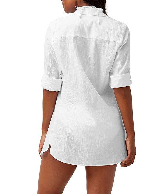 Tommy Bahama Crinkle Cotton Point Collar Long Roll-Tab Sleeve Boyfriend Swim Cover Up Shirt Product Image