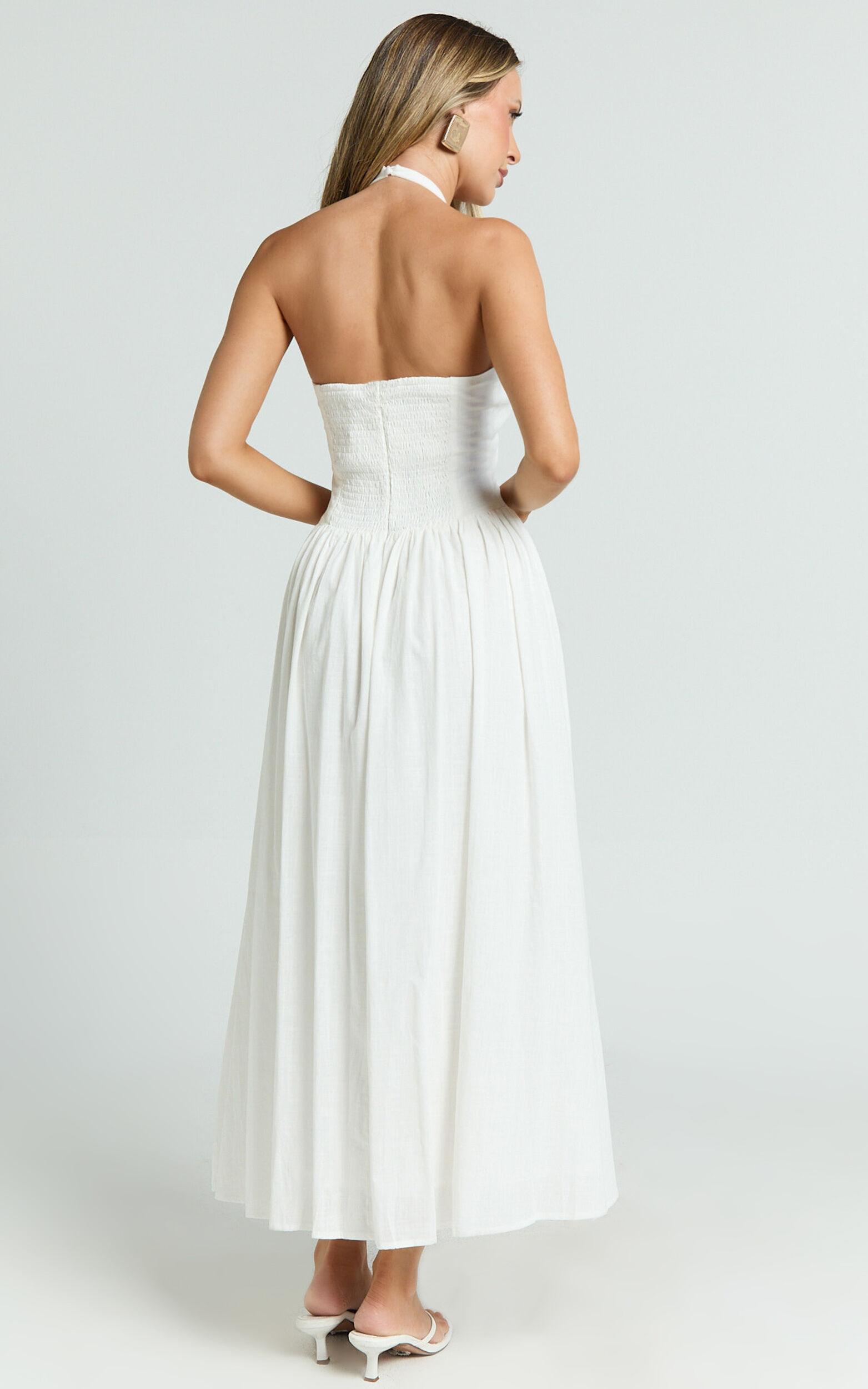 Athena Midi Dress - Halter Drop Waist Dress in White Product Image