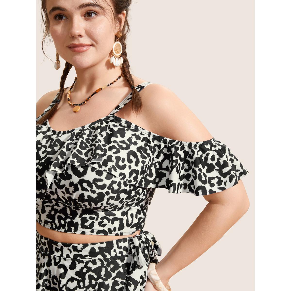 Plus Size Leopard Print Ruffles Adjustable Straps Swim Top Women's Swimwear Beige Beach Ruffles High stretch Bodycon One-shoulder neck Curve Swim Tops BloomChic 14-16/1X Product Image