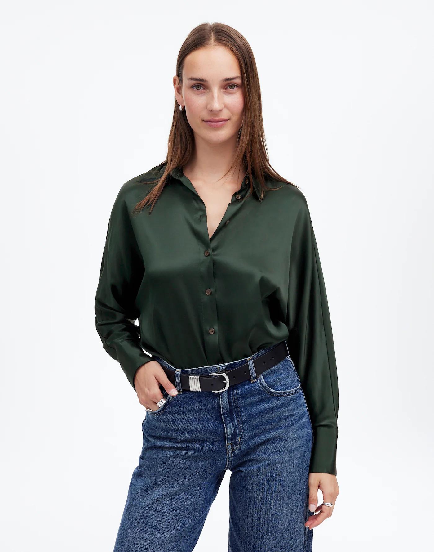 Relaxed Dolman Button-Up Shirt in Satin Product Image