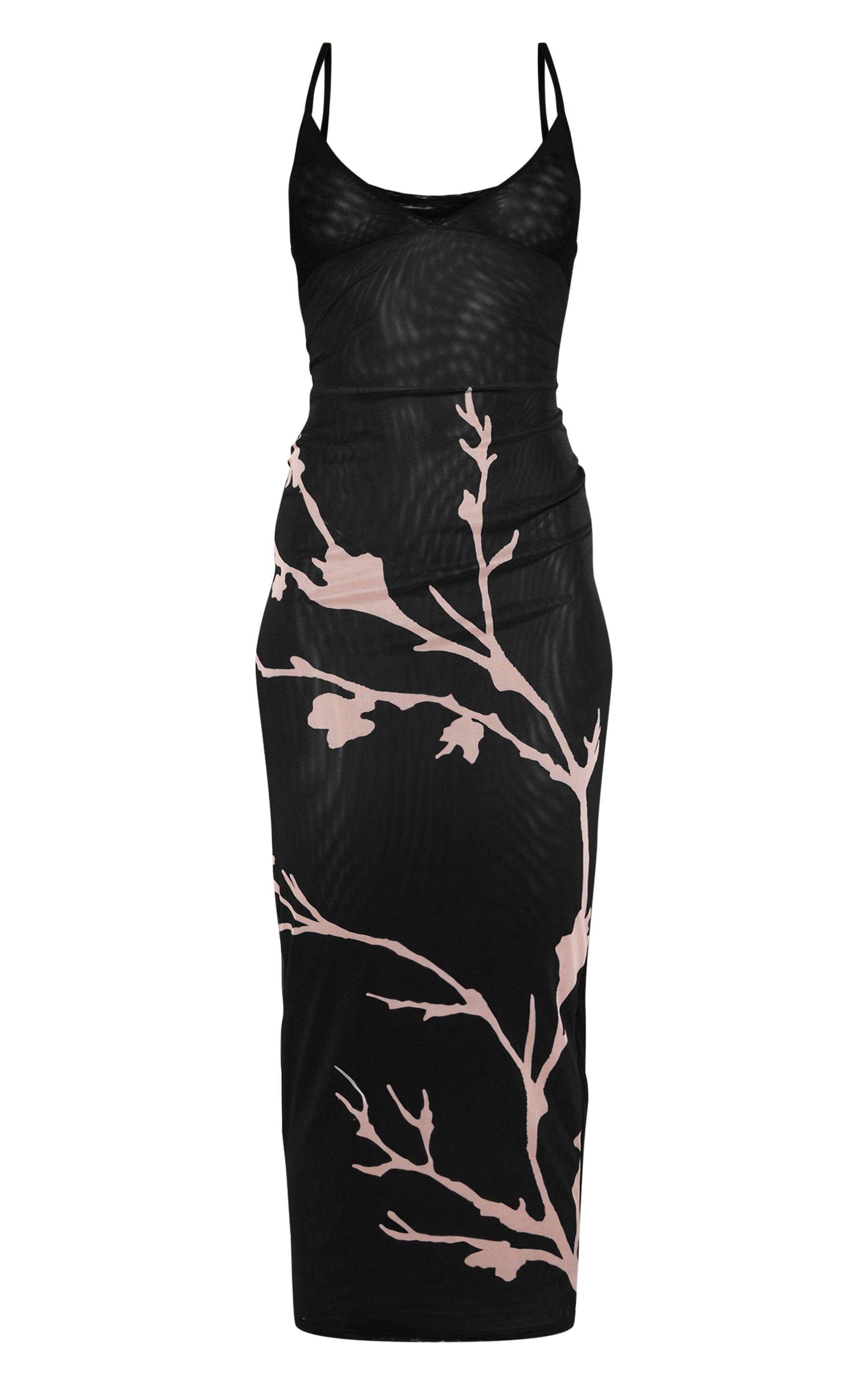 Black Flower Printed Mesh Strappy Midi Dress Product Image