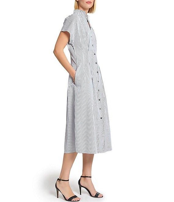Ming Wang x Tanya Foster Cotton Pinstripe Stand Collar Short Sleeve Fit-And-Flare Dress Product Image