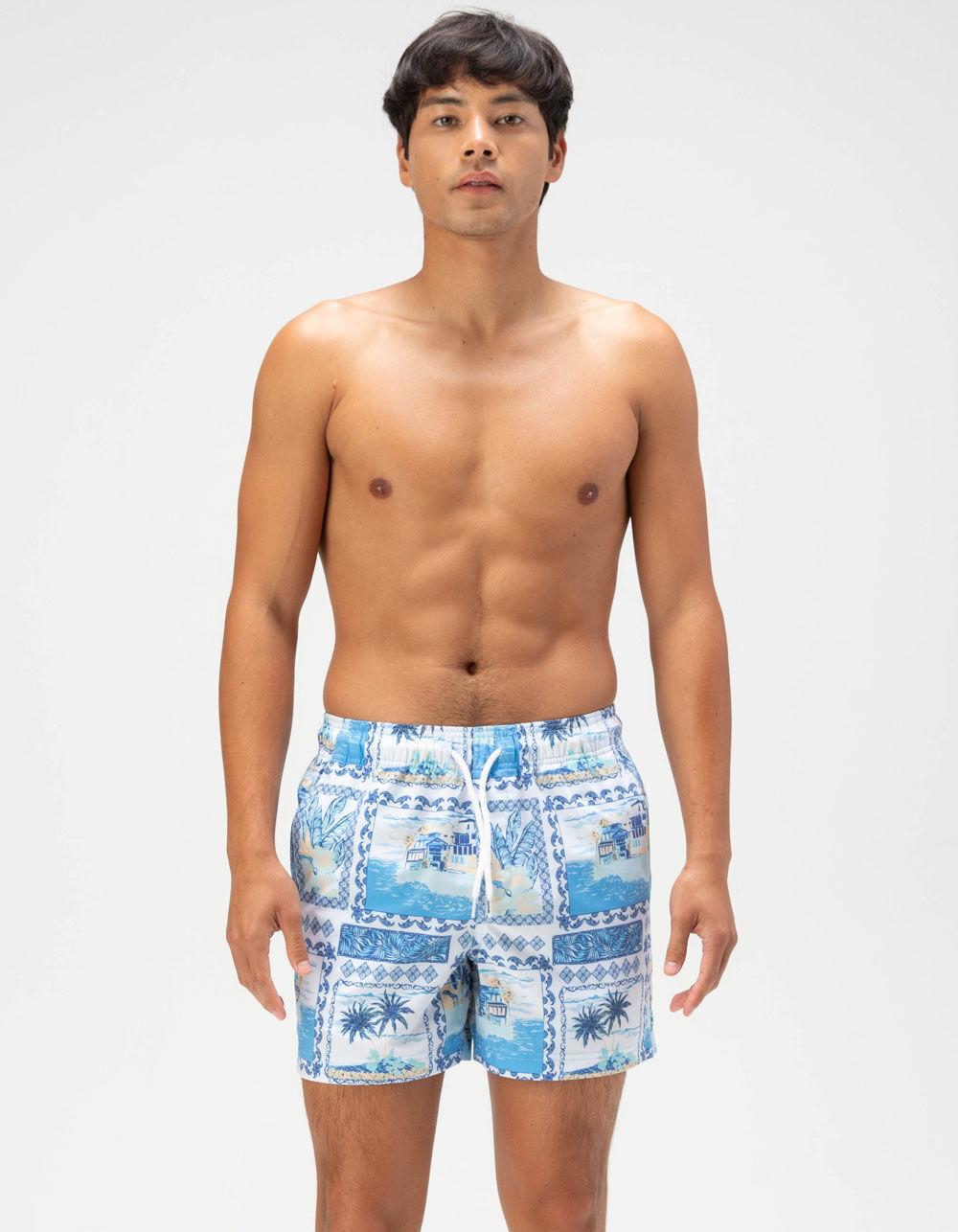 RSQ Mens Vacation Scene Swim Shorts - BLUE/WHITE Product Image