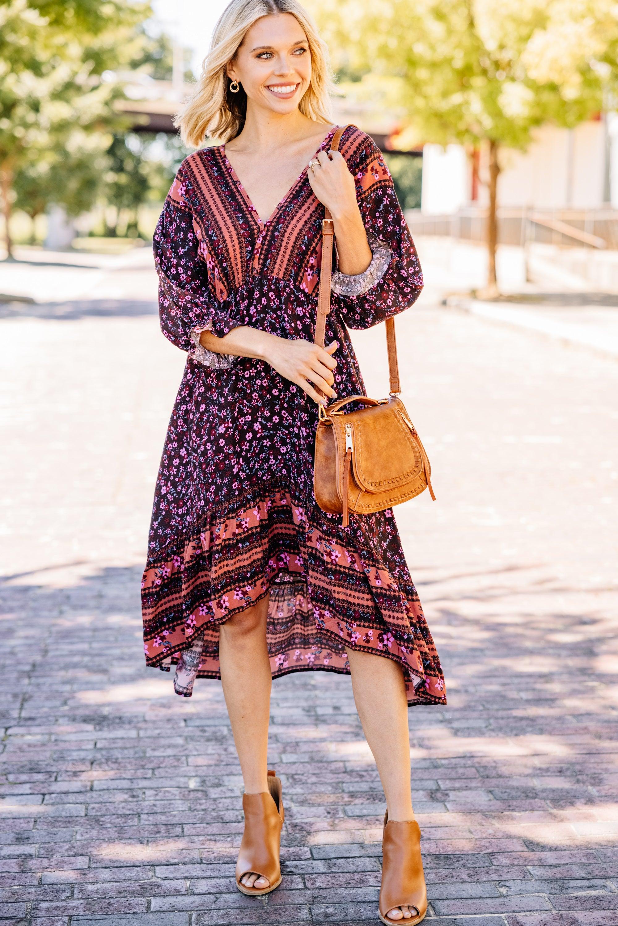 Trust The Process Cocoa Brown Mixed Print Midi Dress Female Product Image