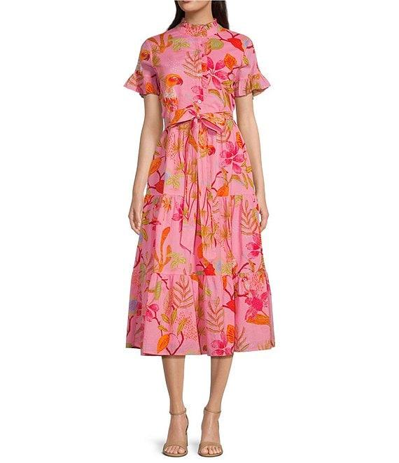 J.Marie Playa Button Up Ruffle Sleeve Belted Tiered Midi A-Line Dress Product Image