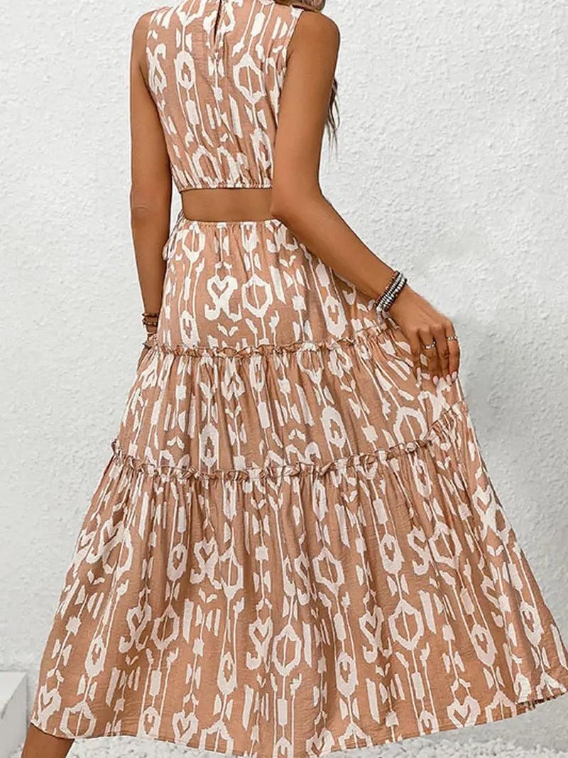 Brown and White Tiered Sleeveless Waist Baring Dress Product Image