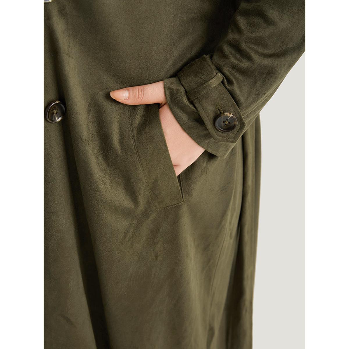 Plus Size Plain Lapel Collar Pocket Belted Faux Suede Coat Women ArmyGreen Casual Plain Ladies Dailywear Winter Coats BloomChic 14-16/1X Product Image