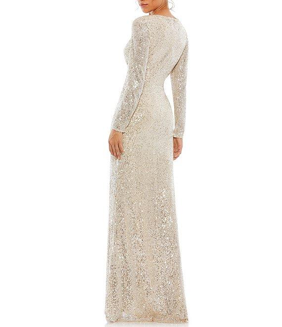 Mac Duggal Long Sleeve V-Neck Sequin Faux Wrap Gown Product Image
