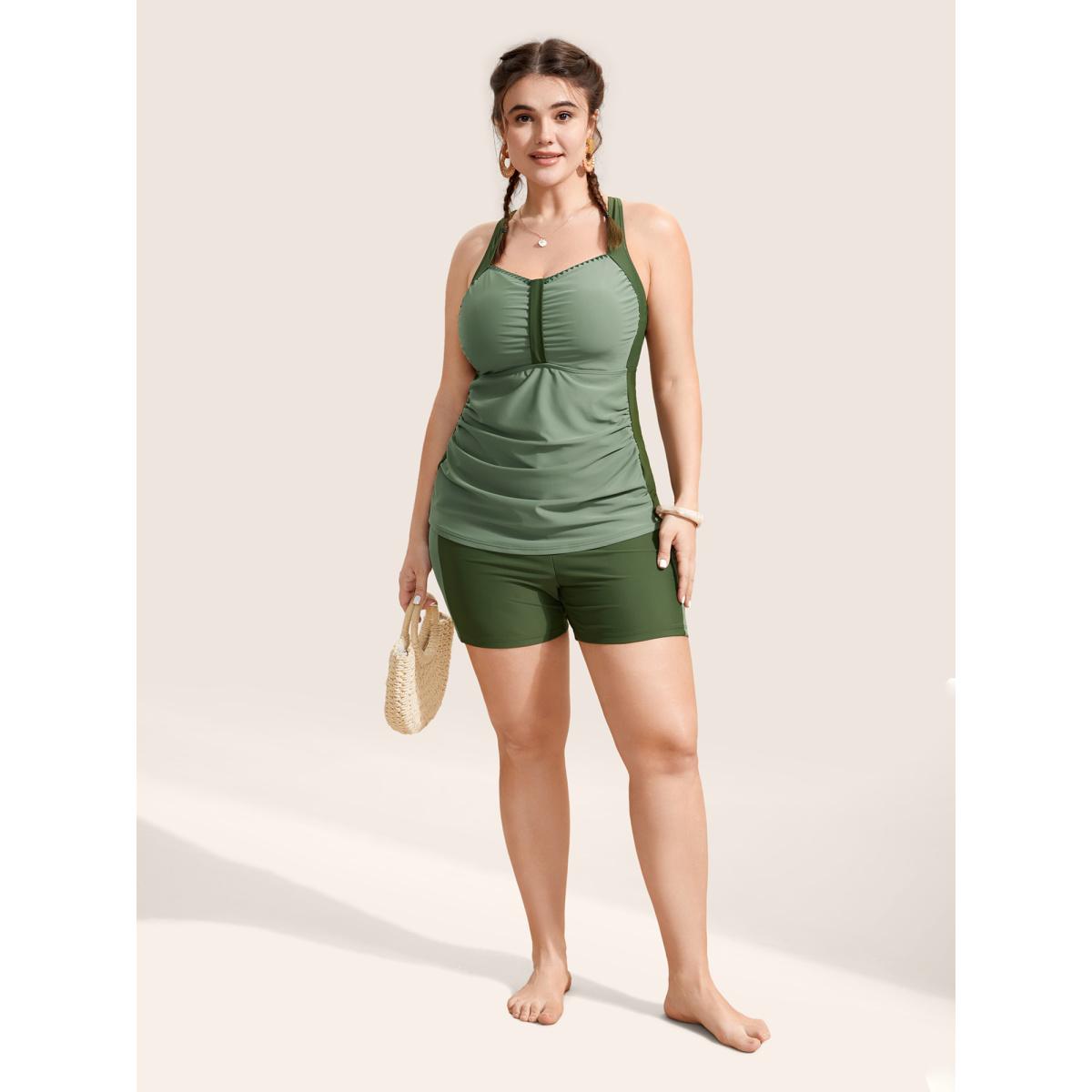 Plus Size Heart Neckline Contrast Gathered Swim Top Women's Swimwear Moss Beach Gathered High stretch Bodycon Heart neckline Curve Swim Tops BloomChic 10/M Product Image