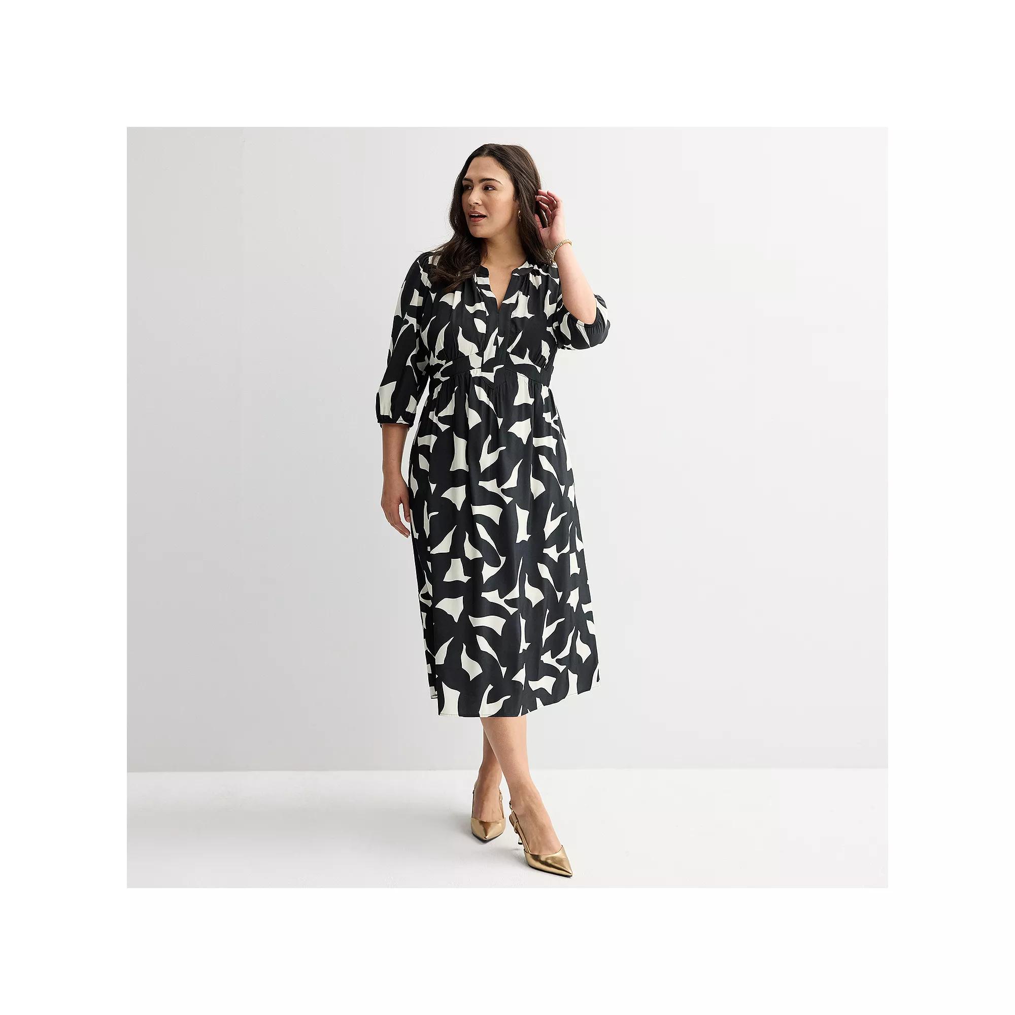 Plus Size Nine West Puff Sleeve Fit & Flare Midi Dress, Women's, Size: 2XL, Black Bold Leaf Product Image